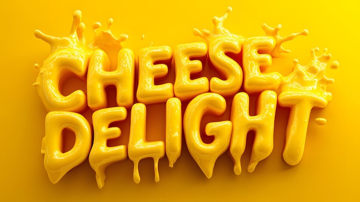 Foto arte de texto de queso en negrita en un efecto de queso amarillo derretido sobre un fondo amarillo brillante