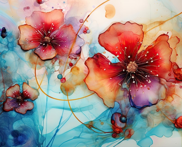 Arte con tinta alcohólica y acuarela goteando con papel tapiz formando un papel tapiz de flores en flor.