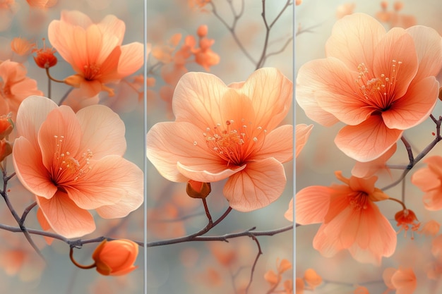 Foto arte tríptico de delicadas flores en suaves tonos de coral perfectas para un interior pacífico