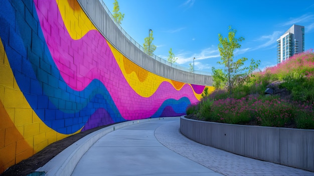 Arte urbana Parede mural vibrante em frente a céus azuis realistas e edifícios modernos
