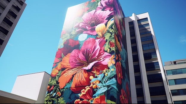 Arte urbano floral realista en un rascacielos