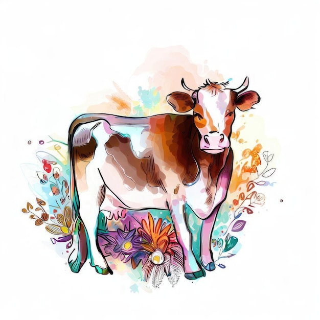 Arte de vaca de acuarela con flores de colores