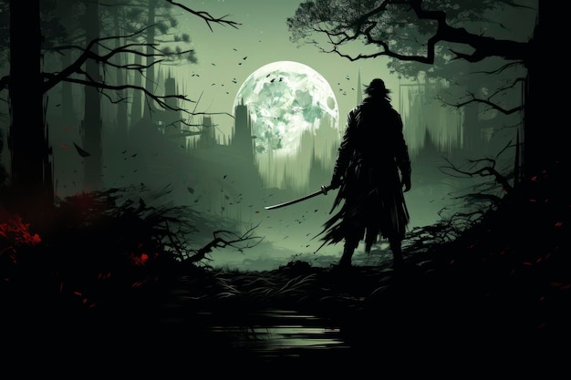 Arte vectorial de un aterrador Ronin parado en el bosque por la noche Silueta negra de un guerrero samurai japonés contra el bosque por la noche