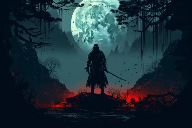 Arte vectorial de un aterrador Ronin parado en el bosque por la noche Silueta negra de un guerrero samurai japonés contra el bosque por la noche