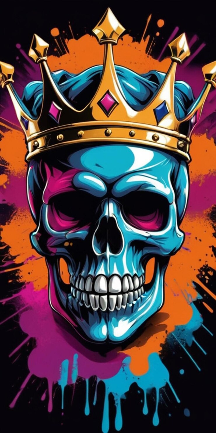 Arte vectorial de camisa listo para imprimir Ilustración de graffiti en color de una cara de calavera y una corona