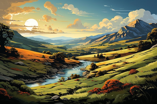 arte vectorial colorido de un paisaje rural pacífico generado por la IA