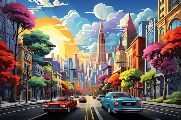 arte vectorial colorido de un paisaje urbano vibrante donde los coches generados por la IA