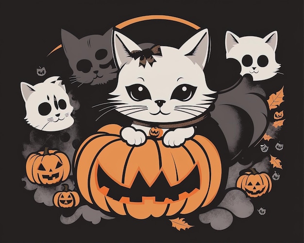 Un arte vectorial de gato aterrador con un disfraz de Halloween de calabaza