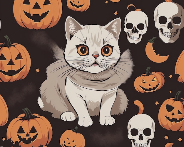 Un arte vectorial de gato aterrador con un disfraz de Halloween de calabaza