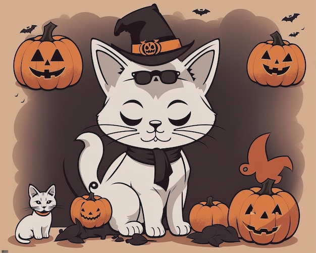 Un arte vectorial de gato aterrador con un disfraz de Halloween de calabaza