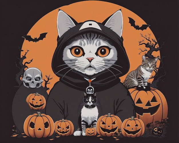 Un arte vectorial de gato aterrador con un disfraz de Halloween de calabaza