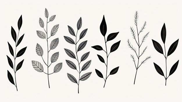 Arte vectorial minimalista de hojas dibujadas a mano en blanco y negro