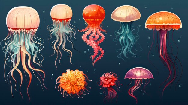Arte vectorial de paisajes oceánicos creativos con medusas, pulpo, cangrejo narval y caballito de mar.