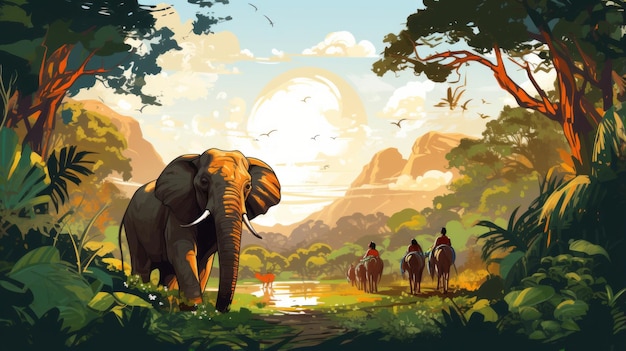 arte vectorial de personas en la espalda de un elefante viajan en Tailandia alrededor con la naturaleza en la selva