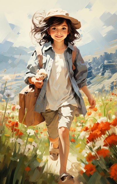 Arte vectorial Retrato completo de una niña alegre con ropa colorida y bolsas de compras