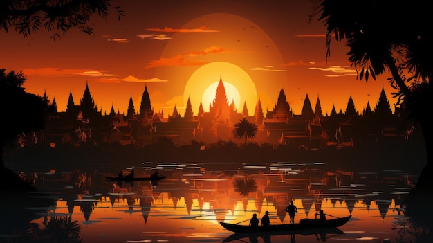 arte vectorial de silueta templo puesta de sol fondo lente telefoto iluminación realista