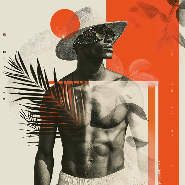 Arte verano collage moda hombre y elementos botánicos forma abstracta y punto textura