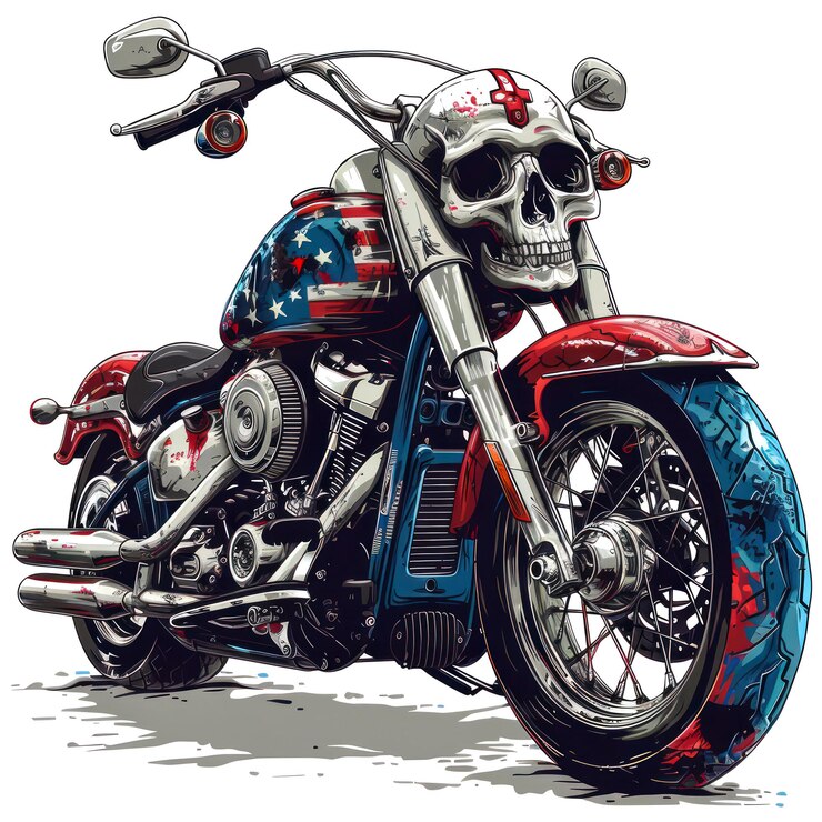 Foto arte vetorial bicicleta e cabeça crânio estilo harley davidson