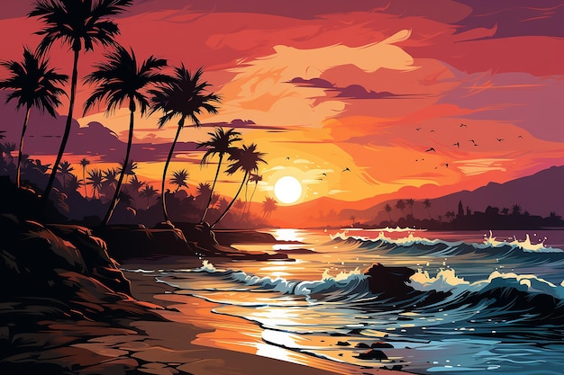 arte vetorial colorida de um pôr-do-sol sereno praia AI gerado