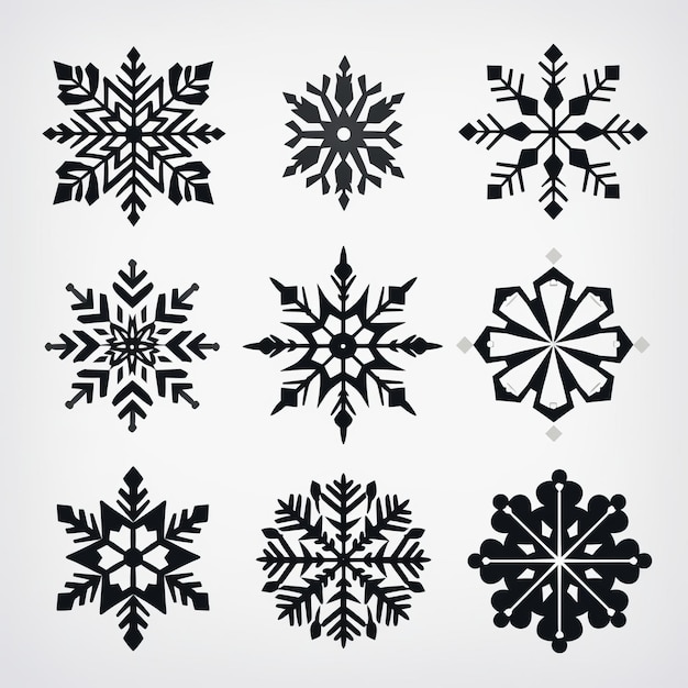Arte vetorial com tema de hibernação flocos de neve preto e branco simétricos
