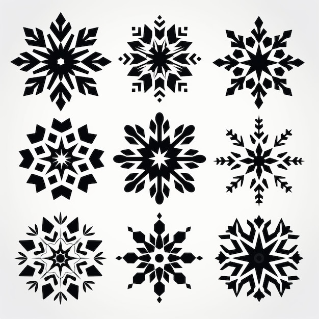 Arte vetorial com tema de lareira com flocos de neve simétricos pretos e brancos