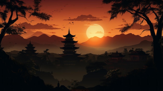 arte vetorial da silhueta do templo pôr-do-sol fundo lente telefoto iluminação realista