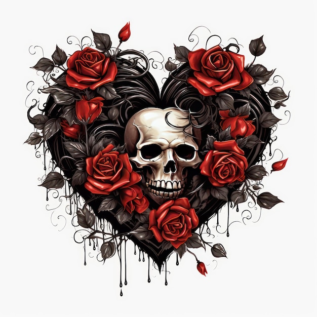 arte vetorial gótica coração negro com vibração escura de rosas vermelhas em fundo branco