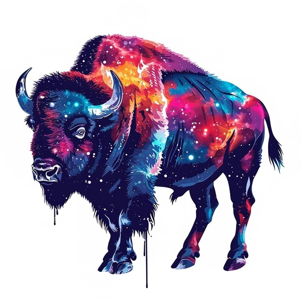 Foto arte vibrante de bisontes cores cósmicas mistura tema galáxia animal majestoso