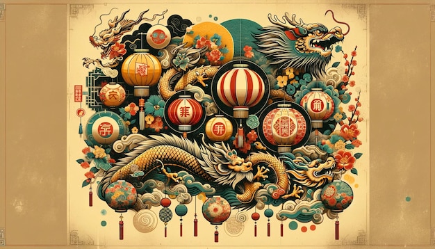 Arte vibrante de dragão e lanternas do Ano Novo Chinês