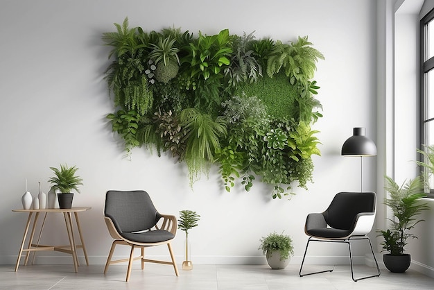 Arte vivo en la pared en una maqueta de oficina ecológica con espacio blanco en blanco para colocar su diseño