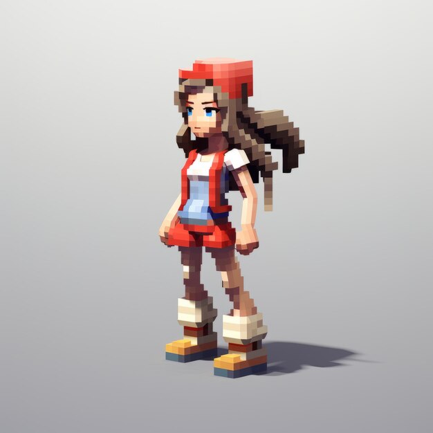 Arte Voxel 3D realista de Amelia con sombrero rojo y pantalones cortos