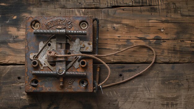 Un artefacto metálico oxidado con un cable se sienta en un fondo de madera