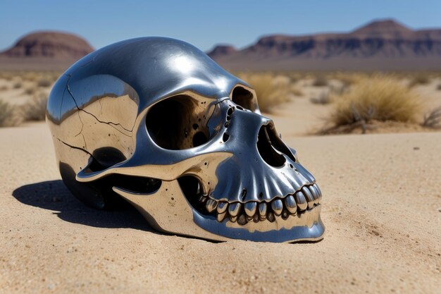 Artefato de crânio de dinossauro de cromo meio enterrado no deserto varrido pelo vento cena define através de visual