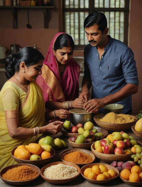 Arten und Früchte umgeben indische Eltern