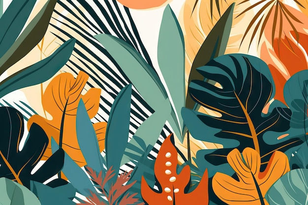 Artes de parede tropical de verão vetor folha de coco monstera folha artes de linha fundo botânico