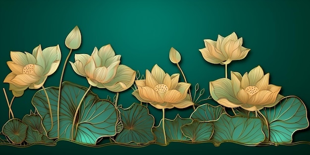 Artes de línea de loto dorado en fondo verde diseño de papel tapiz de oro de lujo fondo de boda