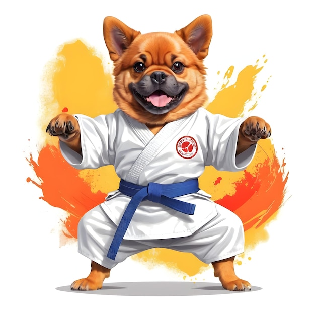 Artes Marciais Corgi em Karate Gi com Cinturão Azul Striking a Pose