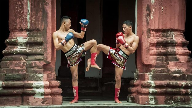 Foto artes marciais de muay thaithai boxe no parque histórico de ayutthaya na tailandesa