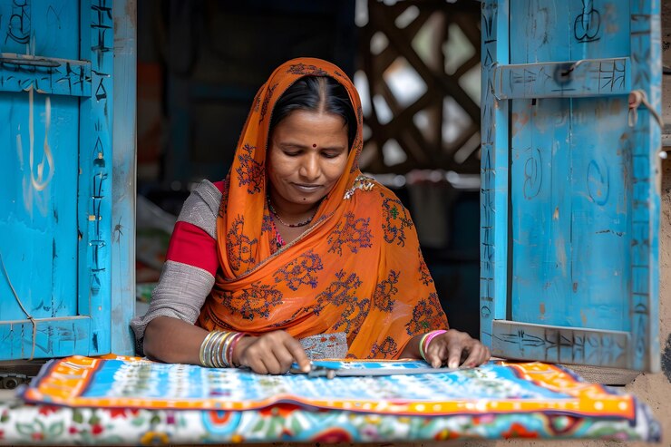 Artesana en el trabajo Una mujer creando arte textil tradicional
