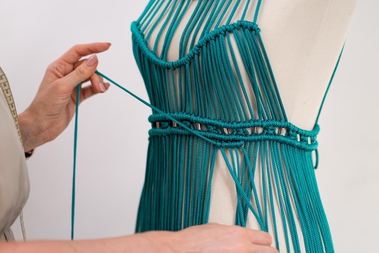 Foto artesana trenza vestido de macramé de hilos verdes en maniquí en taller de costura artículo de criada