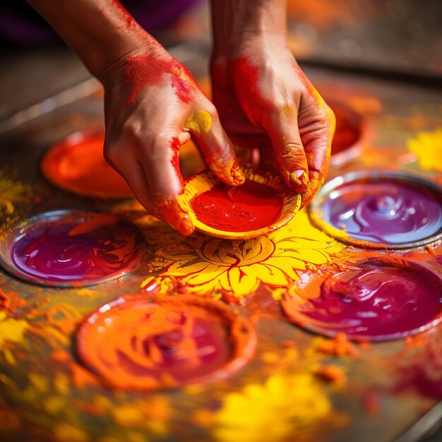 Artesanato colorido na fabricação de um rangoli