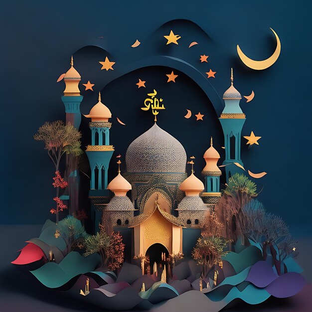 Artesanato com corte de papel multicamadas e design de cartão comemorativo Eid Mubarak