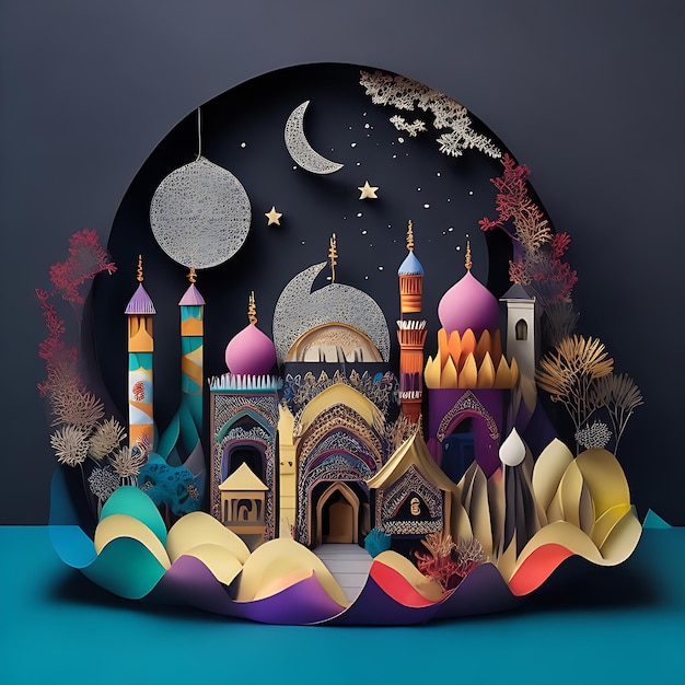 Artesanato com corte de papel multicamadas e design de cartão comemorativo Eid Mubarak