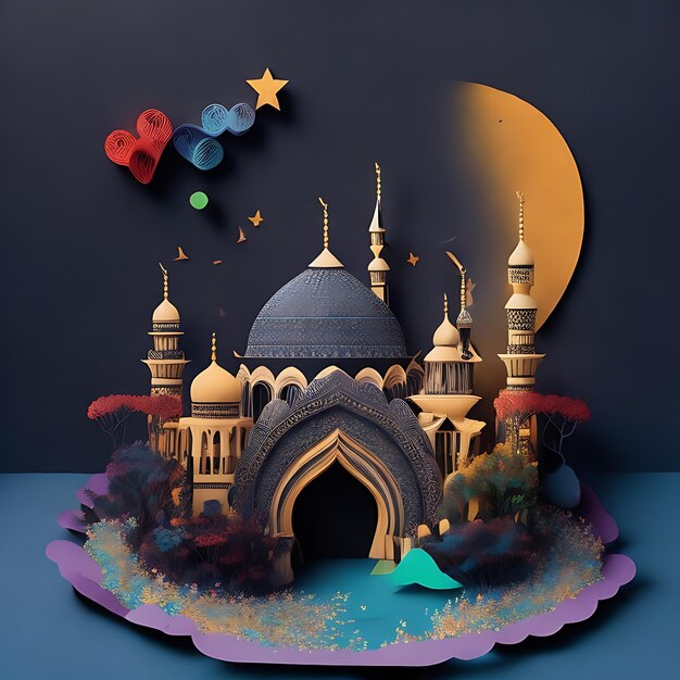 Artesanato com corte de papel multicamadas e design de cartão comemorativo Eid Mubarak