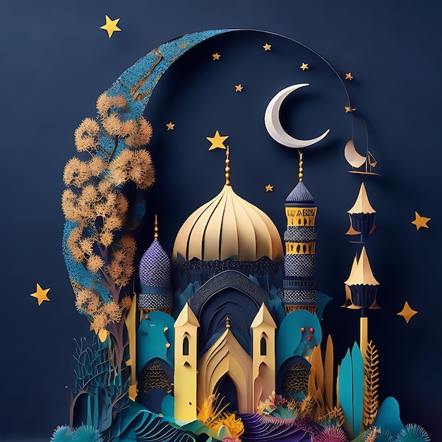 Artesanato com corte de papel multicamadas e design de cartão comemorativo Eid Mubarak