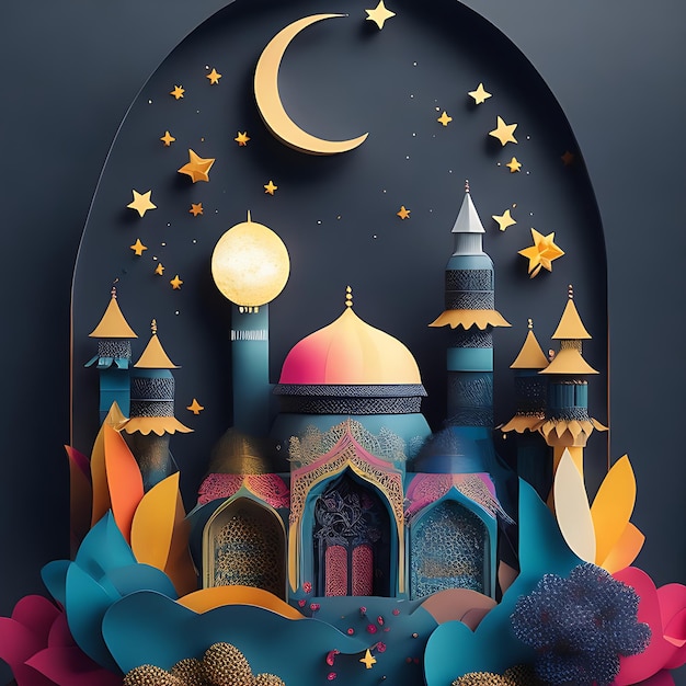 Artesanato com corte de papel multicamadas e design de cartão comemorativo Eid Mubarak