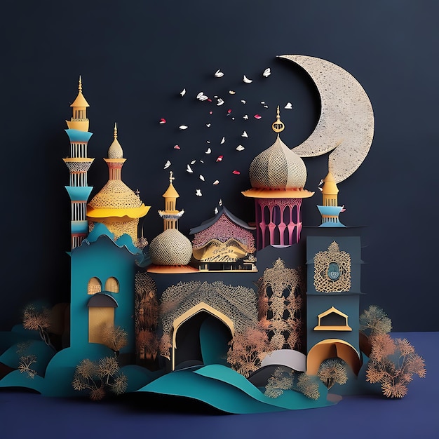 Artesanato com corte de papel multicamadas e design de cartão comemorativo Eid Mubarak