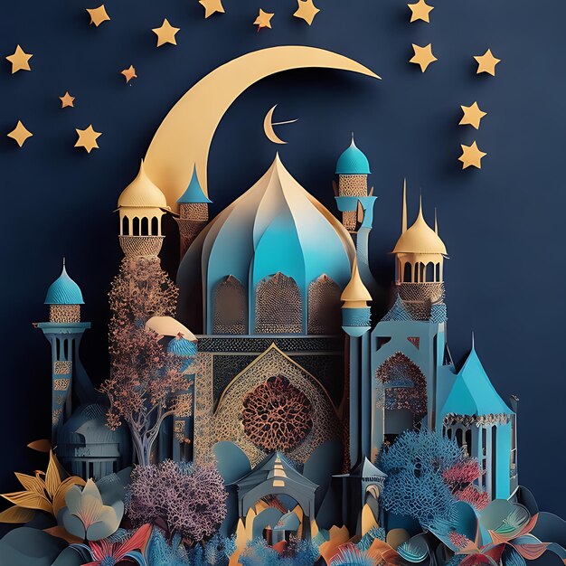 Artesanato com corte de papel multicamadas e design de cartão comemorativo Eid Mubarak