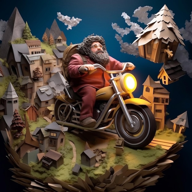 Artesanato de papel em camadas de Hagrid em motocicleta voadora IA generativa