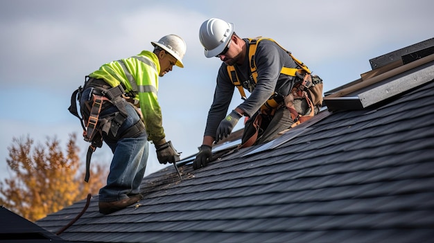 Artesanato de telhados como profissionais dedicados instalam telhas em uma casa residencial utilizando seu conhecimento e trabalho em equipe para garantir Gerado por IA